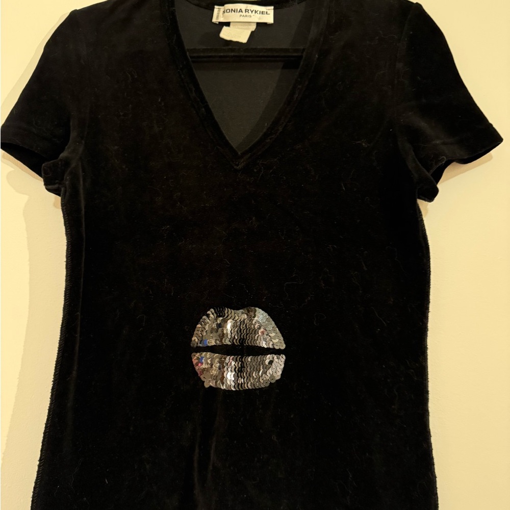Sonia Rykiel Black V-Neck Top with Sequin Lips